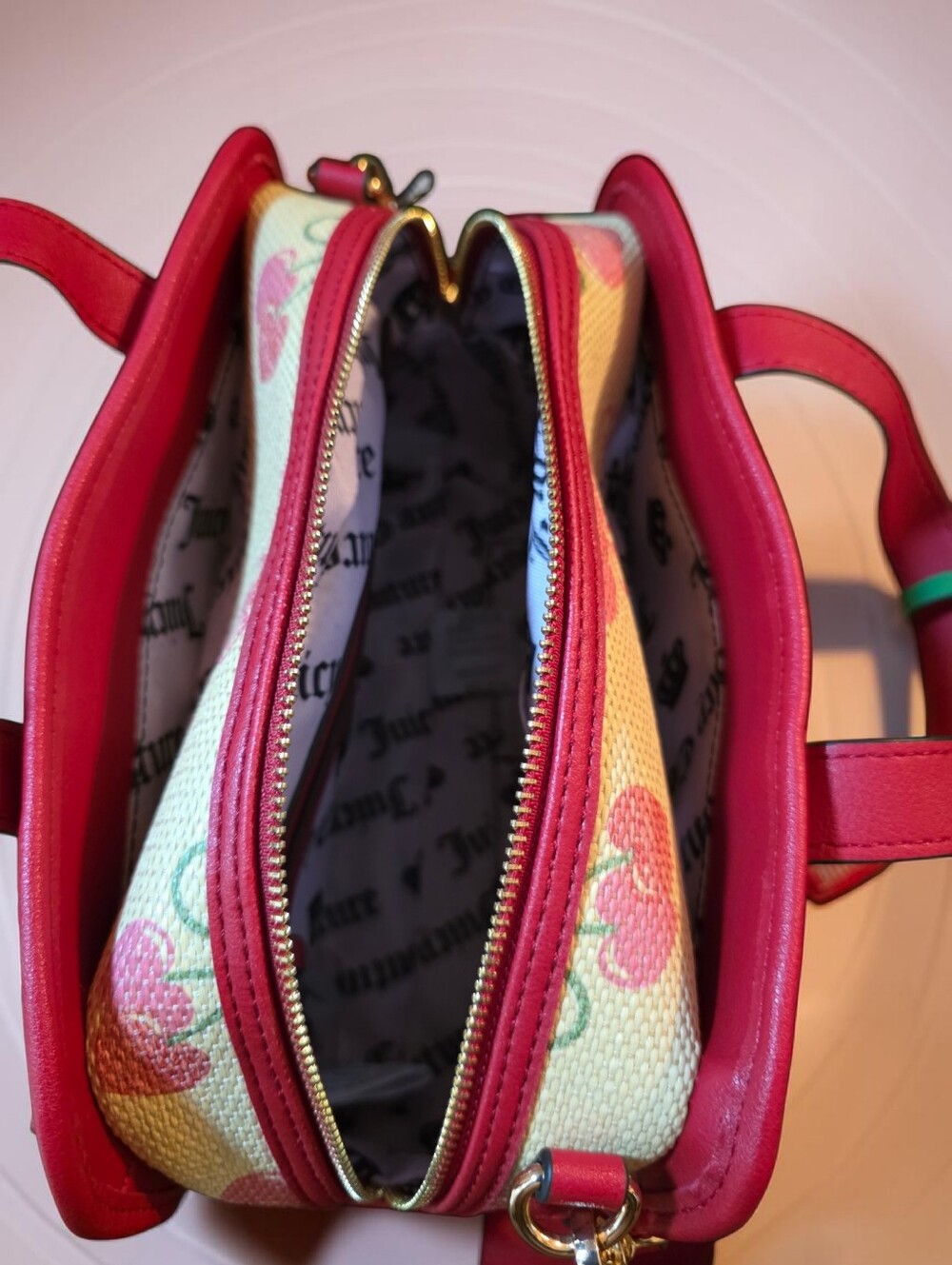 Juicy Couture Pink Cherry Print Satchel with Heart Charm - Picture 7 of 11